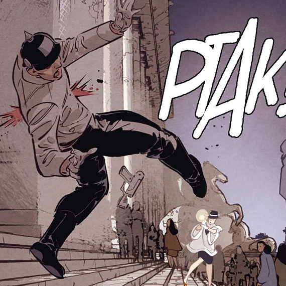 Das Bild zeigt eine Comic-Zeichnung von Ingo Römling, auf der ein Mann erschossen wird